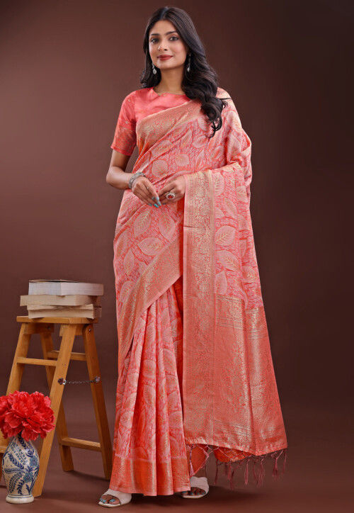 Woven Cotton Saree in Peach