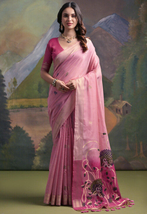 Woven Cotton Saree in Pink
