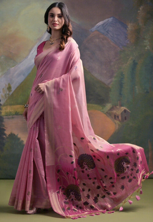 Woven Cotton Saree in Pink