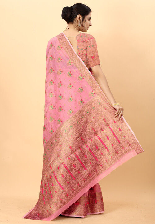 Woven Cotton Saree in Pink