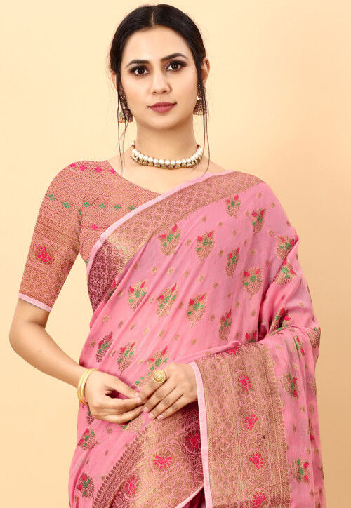 Woven Cotton Saree in Pink