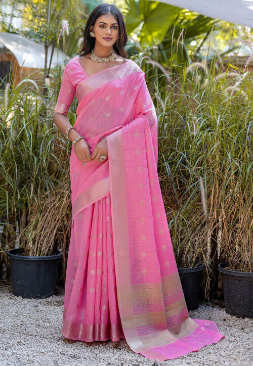 Woven Cotton Saree in Pink
