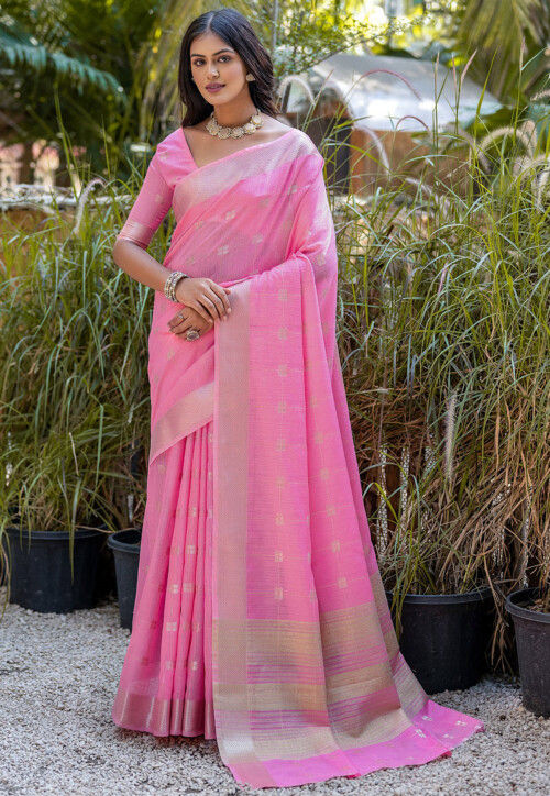 Woven Cotton Saree in Pink