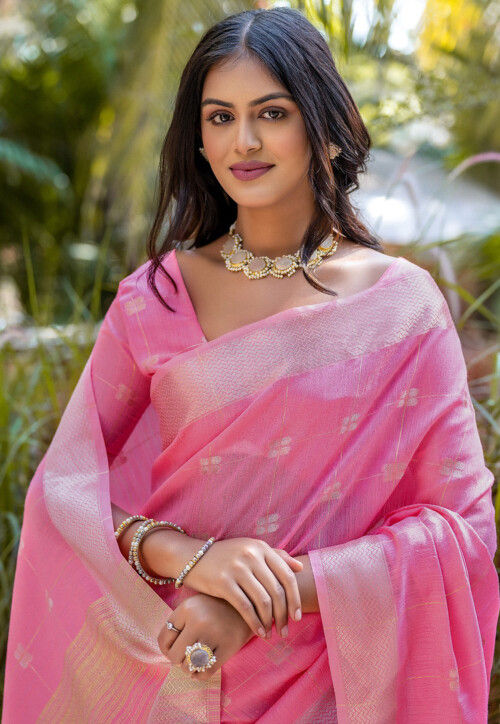 Woven Cotton Saree in Pink