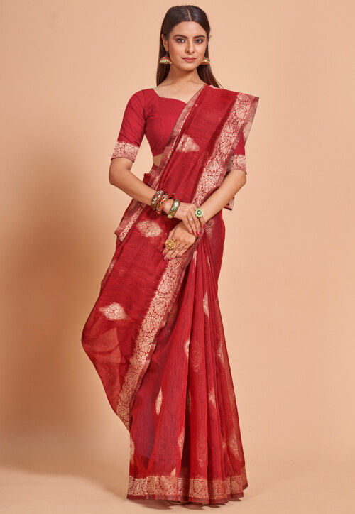 Red colour jhilmil khadi cotton saree