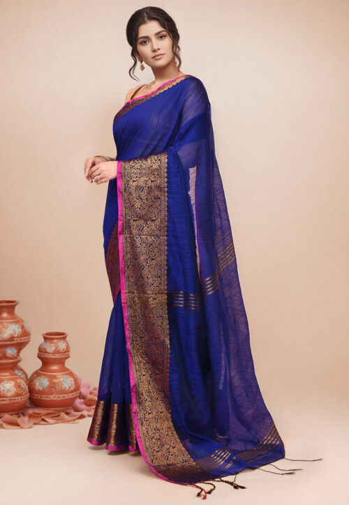 Woven Cotton Saree in Royal Blue