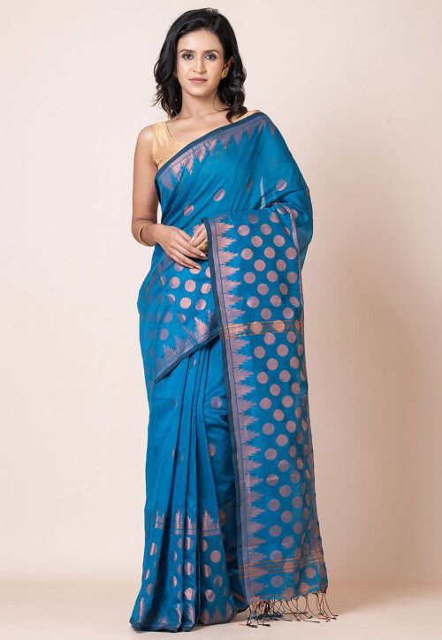 Woven Cotton Saree in Teal Blue