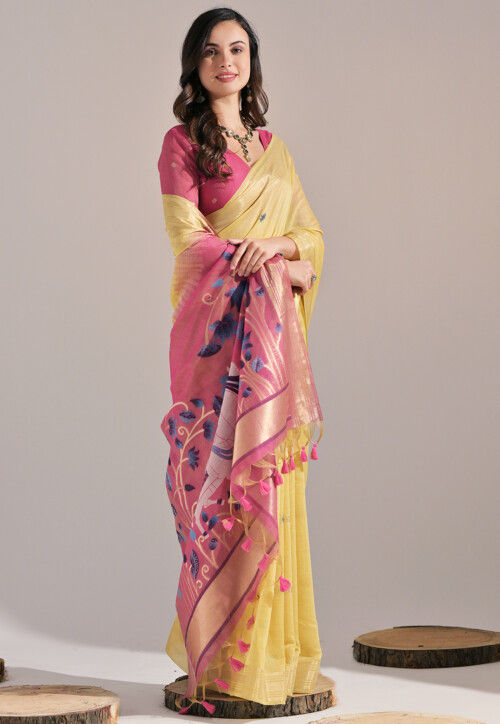 Woven Cotton Saree in Yellow