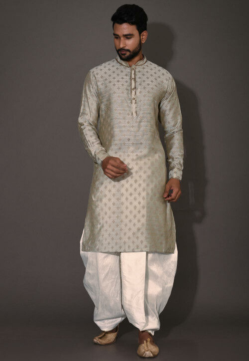 Buy Woven Cotton Silk Jacquard Dhoti Kurta in Grey Dual Tone
