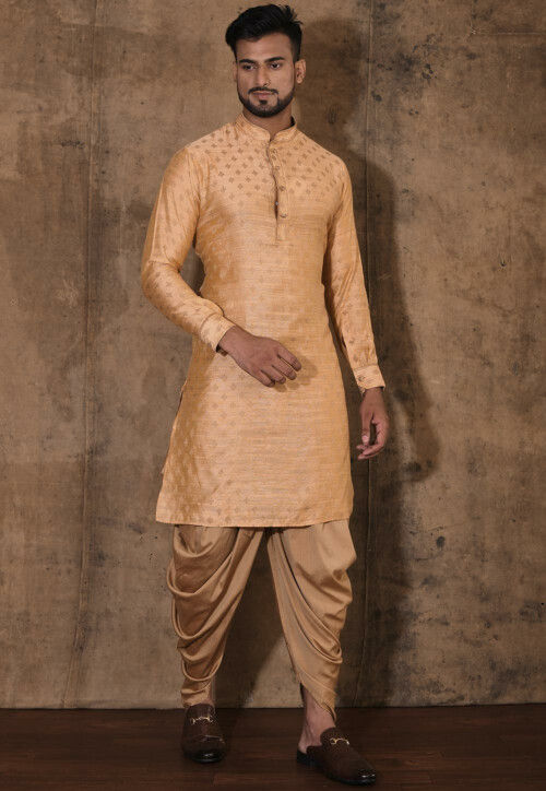 Woven Cotton Silk Jacquard Kurta Set in Beige