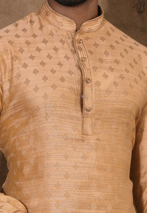 Woven Cotton Silk Jacquard Kurta Set in Beige