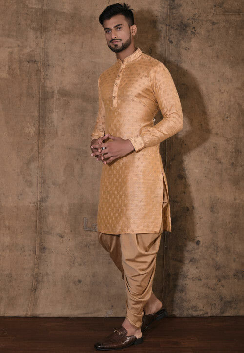Woven Cotton Silk Jacquard Kurta Set in Beige