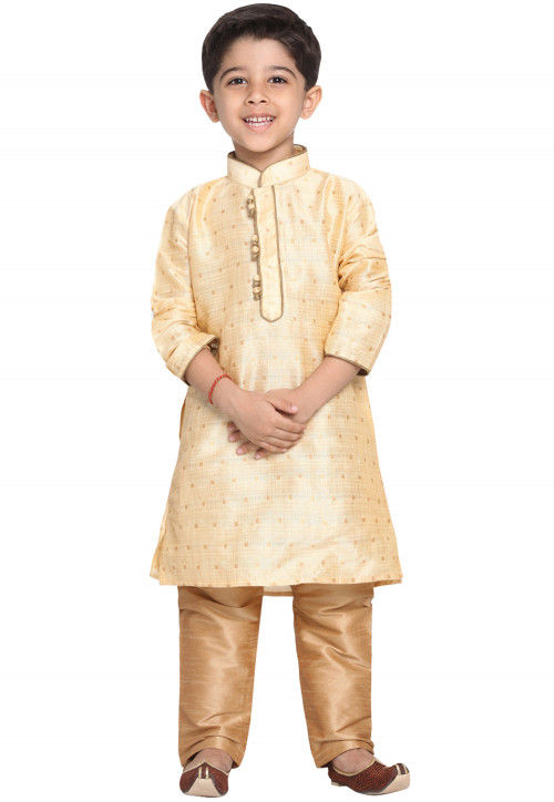 Woven Cotton Silk Jacquard Kurta Set in Beige