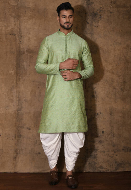 Woven Cotton Silk Jacquard Kurta Set in Light Green