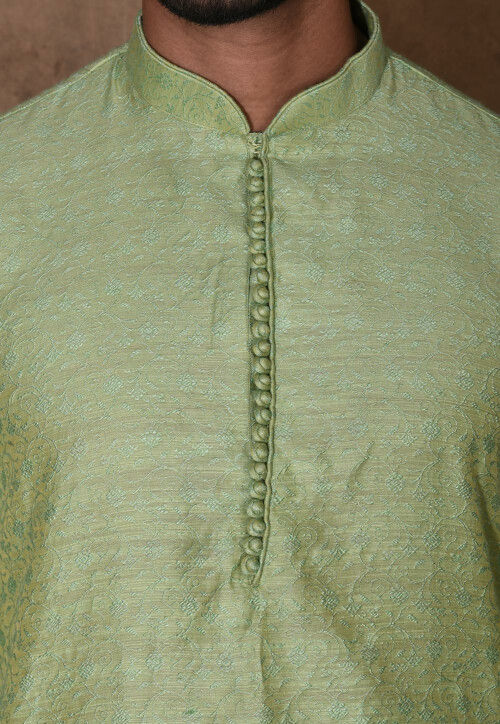 Woven Cotton Silk Jacquard Kurta Set in Light Green