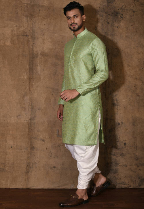 Woven Cotton Silk Jacquard Kurta Set in Light Green
