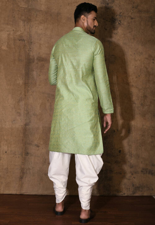 Woven Cotton Silk Jacquard Kurta Set in Light Green