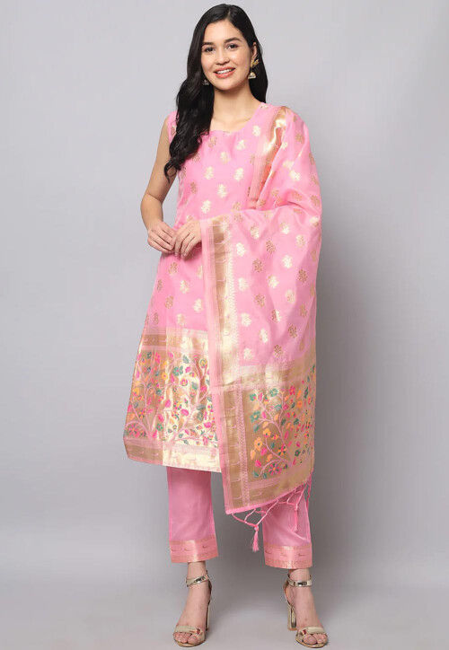 Woven Cotton Silk Jacquard Pakistani Suit in Light Pink