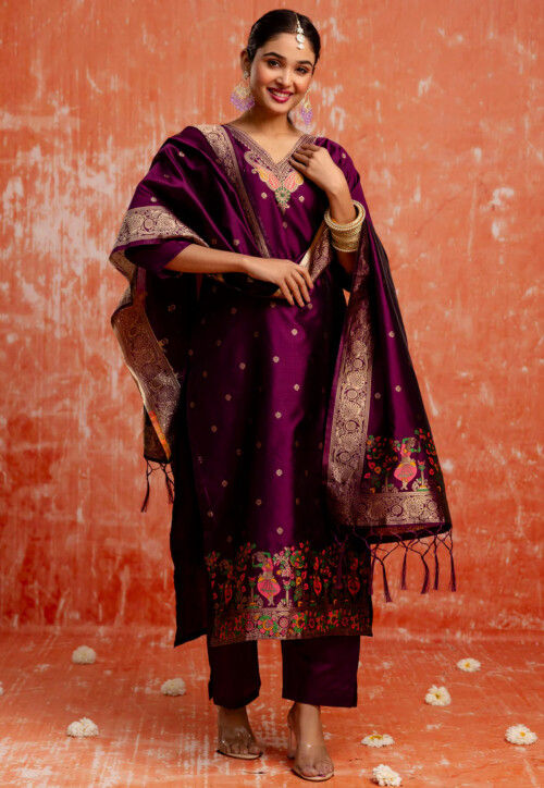 Woven Cotton Silk Jacquard Pakistani Suit in Purple