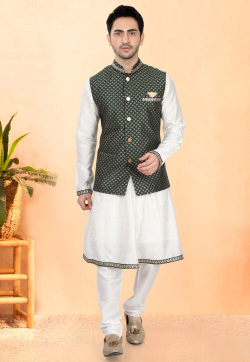 Woven Cotton Silk Kurta Set in Off White and Green