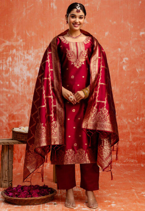 Woven Cotton Silk Pakistani Suit in Maroon