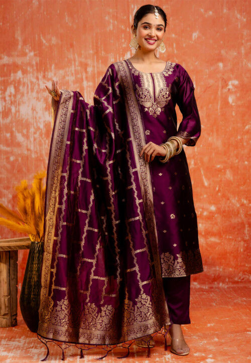 Woven Cotton Silk Pakistani Suit in Violet