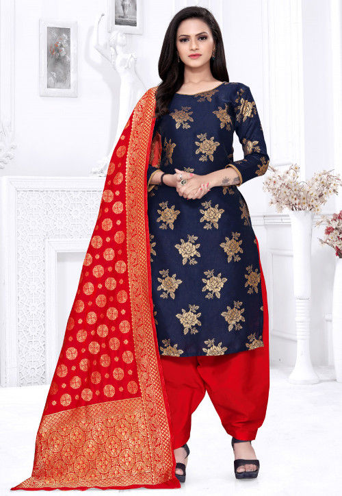 Buy Woven Cotton Silk Punjabi Suit in Navy Blue Online KBNQ1885 Utsav Fashion