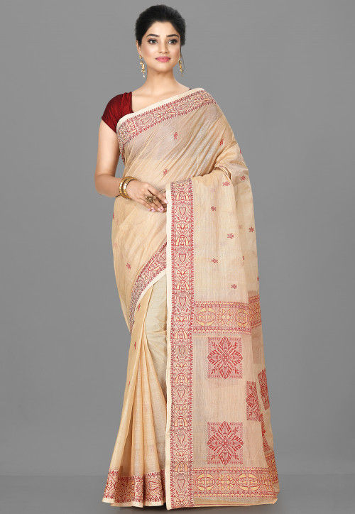 Woven Cotton Silk Saree in Light Beige