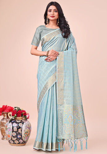 Woven Cotton Silk Saree in Light Blue