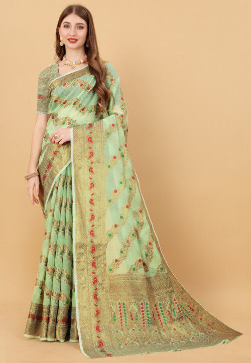 Woven Cotton Silk Saree in Light Green