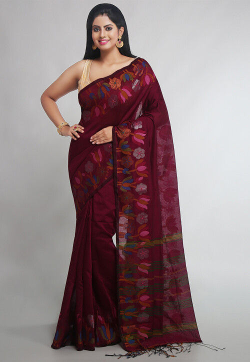 Festive Wear Dark Magenta Embroidered Sangeet Wear Art Silk Saree With  Blouse