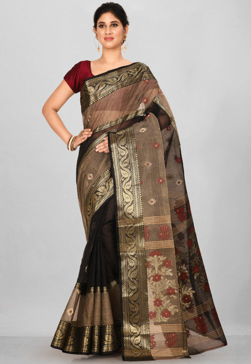 Woven Cotton Tant Saree in Black and Beige