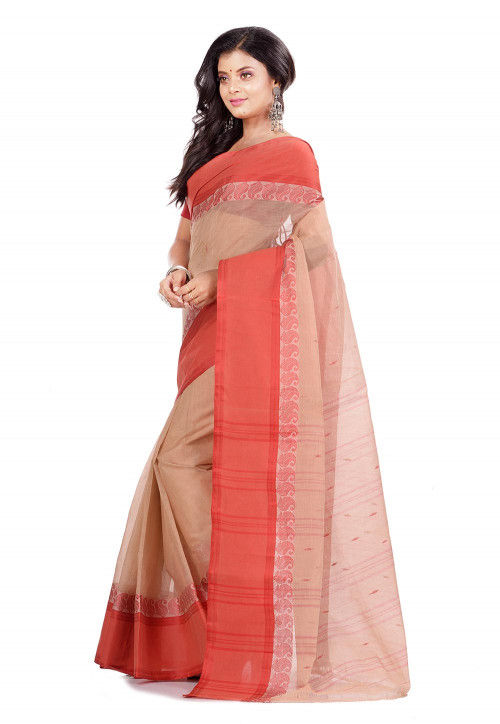 Woven Cotton Tant Saree in Light Beige