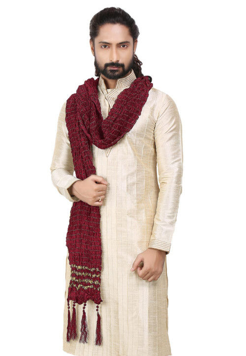 Woven Crushed Art Silk Men Stole in Maroon