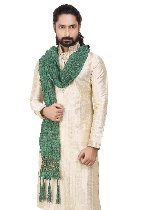 Woven Crushed Art Silk Men Stole in Pastel Green