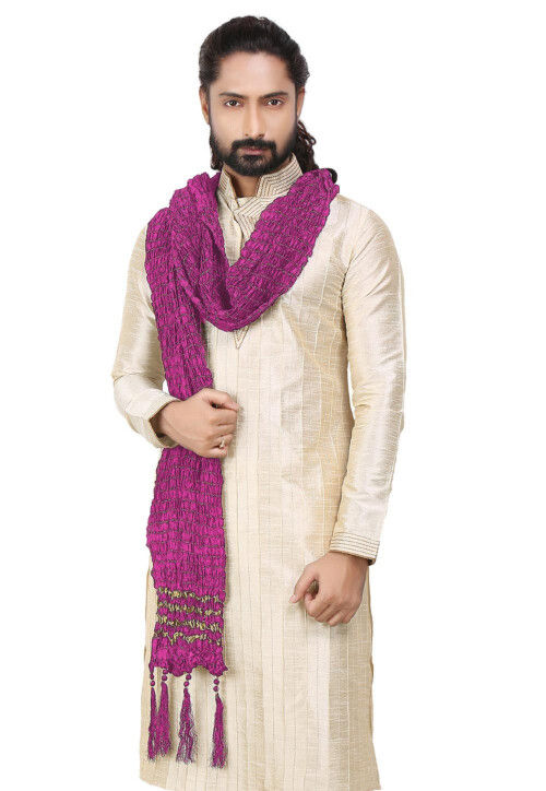 Woven Crushed Art Silk Men Stole in Pink