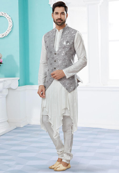 Buy Woven Dupion Silk Asymmetric Kurta Set in Off White and Grey