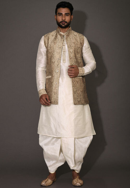 Woven Dupion Silk Dhoti Kurta in Cream