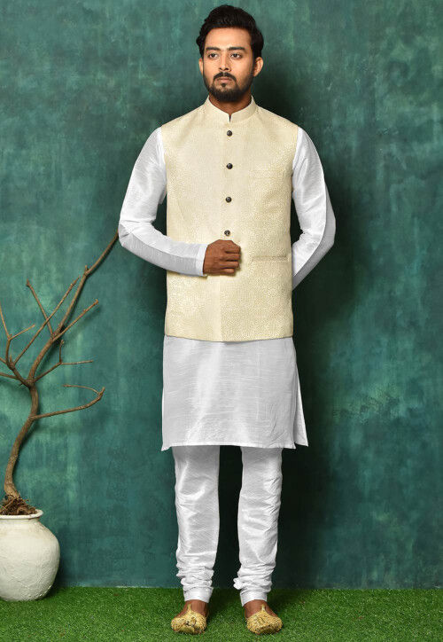 Woven Dupion Silk Jacket Kurta Set in White