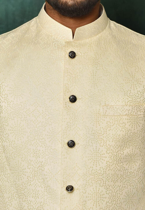 Woven Dupion Silk Jacket Kurta Set in White