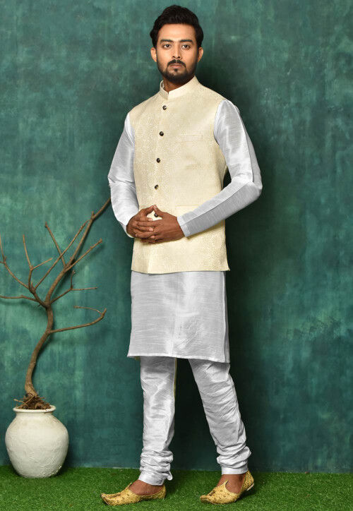 Woven Dupion Silk Jacket Kurta Set in White