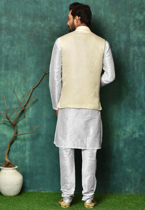 Woven Dupion Silk Jacket Kurta Set in White