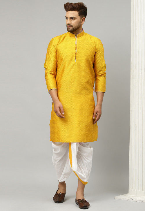 Woven Dupion Silk Jacquard Dhoti Kurta in Yellow