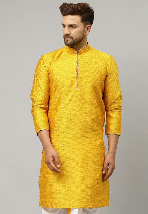 Woven Dupion Silk Jacquard Kurta in Yellow