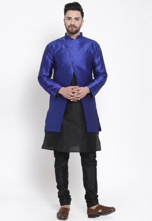 Traditional Men's Wear Black Dupion Silk Kurta Churidaar Set 