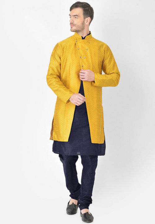 Woven Dupion Silk Kurta Churidar Jacket Set in Blue and Mustard