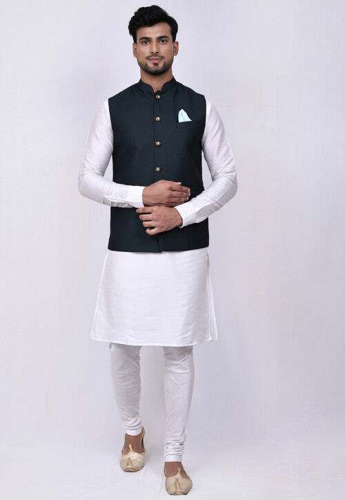 Buy Woven Dupion Silk Kurta Jacket Set in Off White and Dark Green