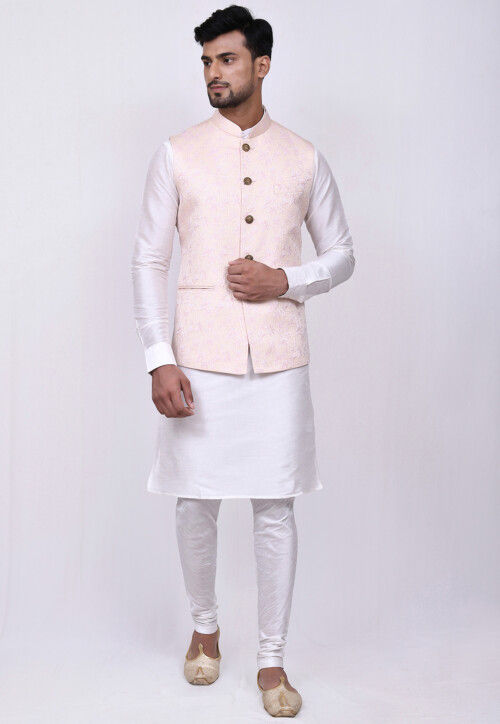 Buy Woven Dupion Silk Kurta Jacket Set in Off White and Light Pink