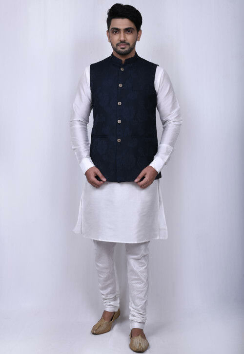 White kurta pajama with navy blue jacket 2025