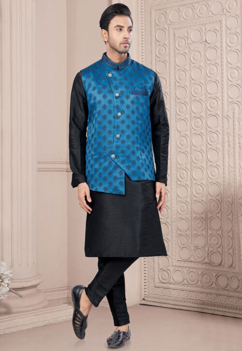 Woven Dupion Silk Kurta Set in Black and Blue